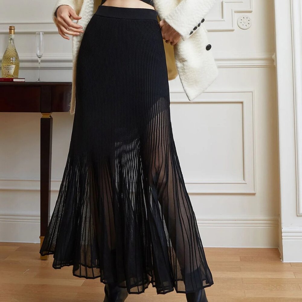Commense Knit Pleated Black Semi-sheer Maxi Skirt Size Small NWT